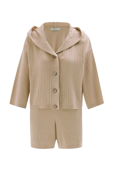 Peraluna MUJO CARDIGAN & SHORTS %100 Pamuk Kadın Triko Şort Takım - Bej - 9