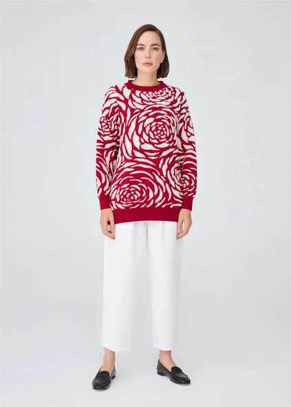 Peraluna Gül Desenli Jakarlı Bol Kesim Kadın Triko Tunik - Kırmızı/Krem ürün görseli 1