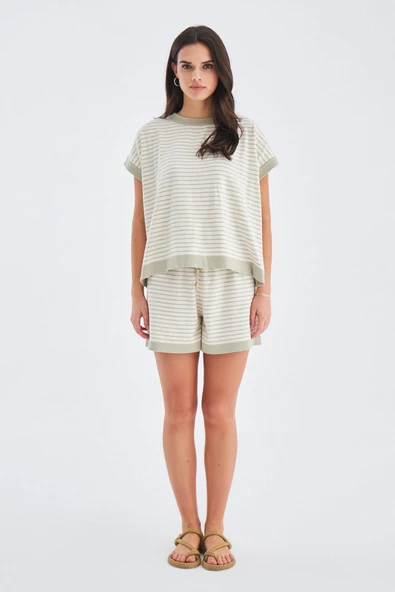 Peraluna VERA BLOUSE & SHORTS Pamuklu Yazlık Kadın Triko Şort Takım - Ekru/Çağla Yeşili