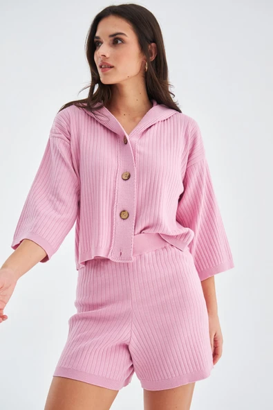 Peraluna MUJO CARDIGAN & SHORTS %100 Pamuk Kadın Triko Şort Takım - Şeker Pembe - Resim 5