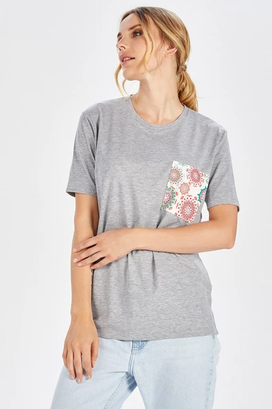 Peraluna Tek Cepli Düz Kesim Uzun Kadın T-Shirt - Açık Gri Melanj - 4