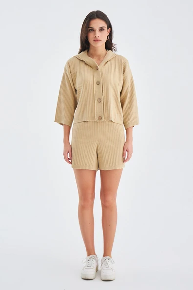 Peraluna MUJO CARDIGAN & SHORTS %100 Pamuk Kadın Triko Şort Takım - Bej - 1