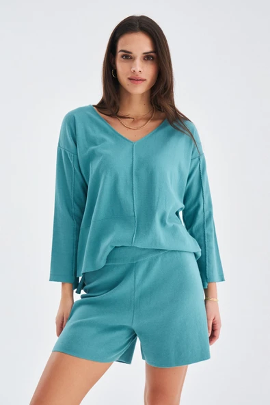 Peraluna %100 Pamuk Kadın Şort - TURKUAZ - Resim 2