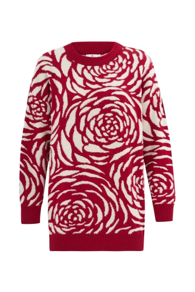 Peraluna Gül Desenli Jakarlı Bol Kesim Kadın Triko Tunik - Kırmızı/Krem - Resim 7