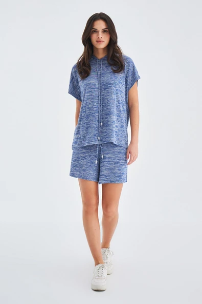 Peraluna KAIRA BLOUSE & SHORTS Kapüşonlu Yazlık Kadın Triko Şort Takım - İndigo Melanj ürün görseli