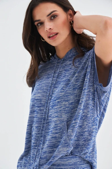 Peraluna KAIRA BLOUSE & SHORTS Kapüşonlu Yazlık Kadın Triko Şort Takım - İndigo Melanj - Resim 5