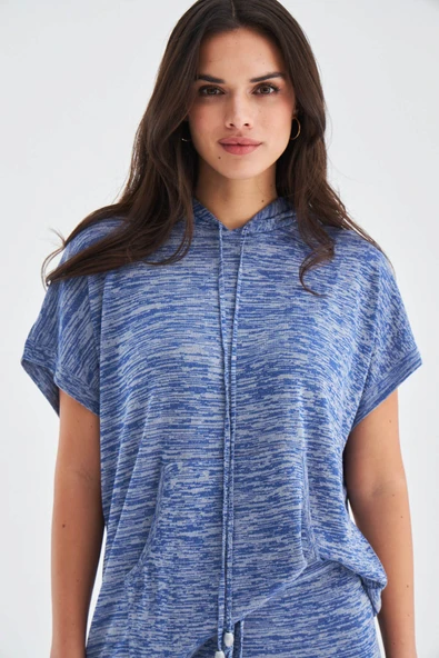 Peraluna KAIRA BLOUSE & SHORTS Kapüşonlu Yazlık Kadın Triko Şort Takım - İndigo Melanj - Resim 3