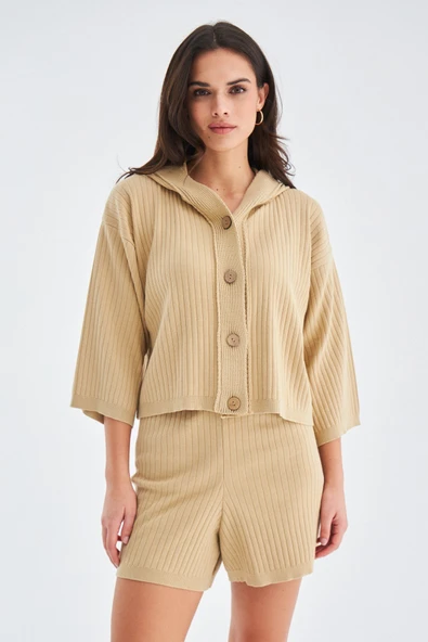 Peraluna MUJO CARDIGAN & SHORTS %100 Pamuk Kadın Triko Şort Takım - Bej - 8