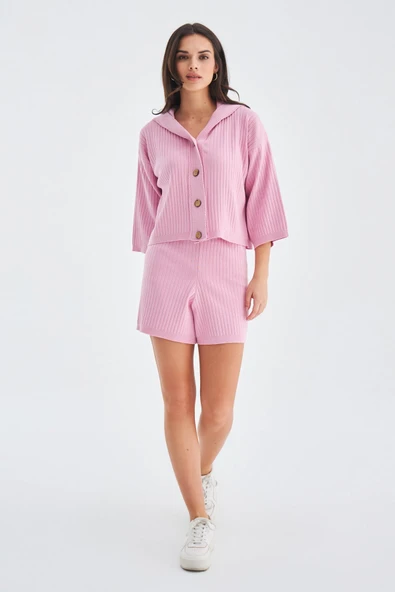 Peraluna MUJO CARDIGAN & SHORTS %100 Pamuk Kadın Triko Şort Takım - Şeker Pembe