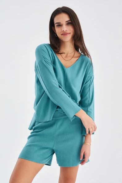 Peraluna %100 Pamuk Kadın Şort - TURKUAZ - Resim 5