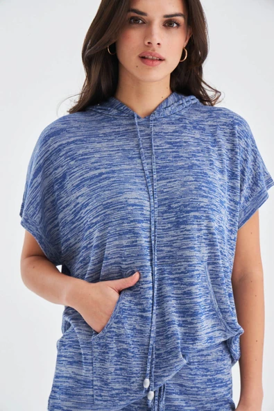 Peraluna KAIRA BLOUSE & SHORTS Kapüşonlu Yazlık Kadın Triko Şort Takım - İndigo Melanj - Resim 4