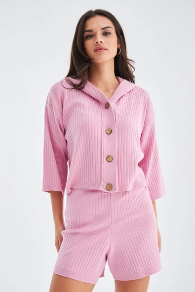 Peraluna MUJO CARDIGAN & SHORTS %100 Pamuk Kadın Triko Şort Takım - Şeker Pembe - Resim 2