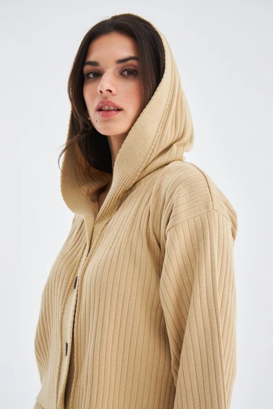 Peraluna MUJO CARDIGAN & SHORTS %100 Pamuk Kadın Triko Şort Takım - Bej - Resim 5