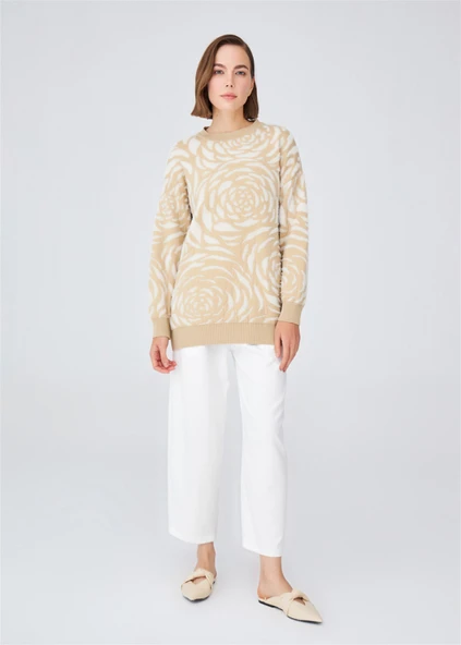 Peraluna Gül Desenli Jakarlı Bol Kesim Kadın Triko Tunik - Bej/Krem ürün görseli 1