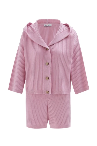 Peraluna MUJO CARDIGAN & SHORTS %100 Pamuk Kadın Triko Şort Takım - Şeker Pembe - Resim 9