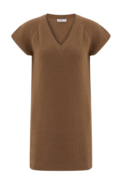 Peraluna Derin V Yaka Yırtmaçlı Kolsuz Kadın Triko Tunik - Camel - 7