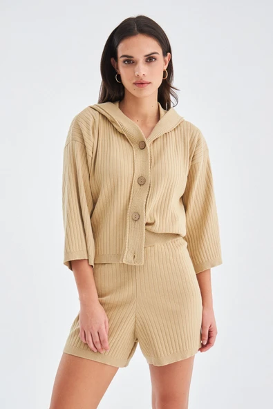 Peraluna MUJO CARDIGAN & SHORTS %100 Pamuk Kadın Triko Şort Takım - Bej - Resim 2