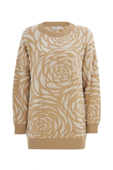 Peraluna Gül Desenli Jakarlı Bol Kesim Kadın Triko Tunik - Bej/Krem - Resim 7