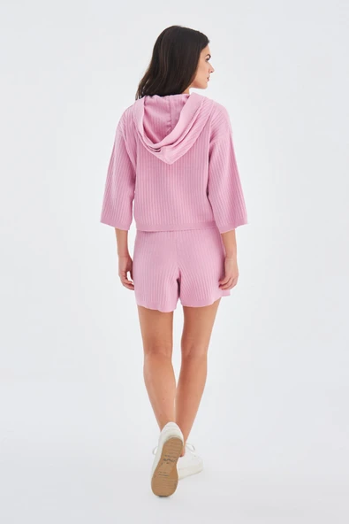 Peraluna MUJO CARDIGAN & SHORTS %100 Pamuk Kadın Triko Şort Takım - Şeker Pembe - Resim 8