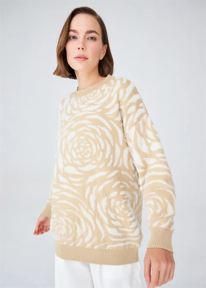 Peraluna Gül Desenli Jakarlı Bol Kesim Kadın Triko Tunik - Bej/Krem - Resim 2