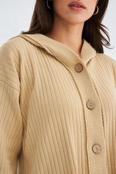 Peraluna MUJO CARDIGAN & SHORTS %100 Pamuk Kadın Triko Şort Takım - Bej - 4