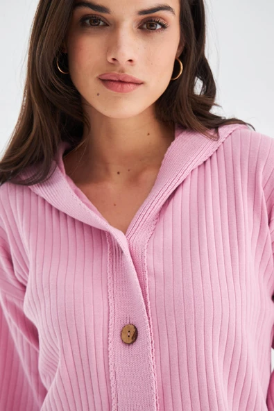 Peraluna MUJO CARDIGAN & SHORTS %100 Pamuk Kadın Triko Şort Takım - Şeker Pembe - Resim 3