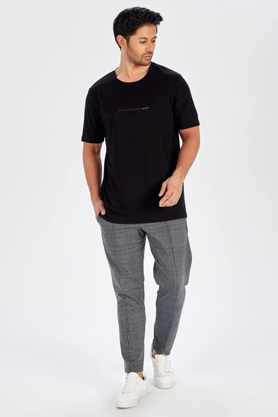 Peraluna Göğüs Fermuarlı Uzun Erkek T-Shirt - Siyah ürün görseli