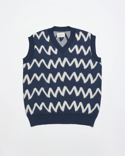 Far Afield PINTO VEST KNIT - ZIG V Yaka Zigzag Desen Erkek Triko Süveter - Lacivert - 5