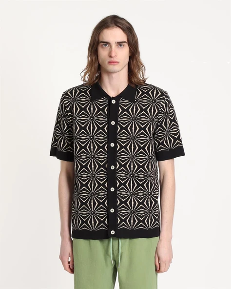 Far Afield ZIGGER CARDIGAN - TENTEO PATTERN Polo Yaka Kısa Kol %100 Organik Pamuk Erkek Triko Hırka - Siyah - Resim 2