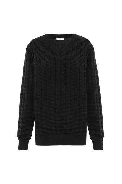 Peraluna ZACHA 'V Neck' NECK PULLOVER Üç Boyut Çizgili Mevsimlik Erkek Triko Kazak - Gri