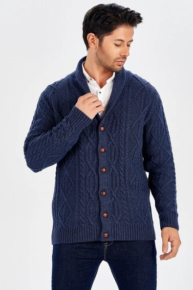 Peraluna Şal Yaka Yünlü Erkek Triko Hırka - Lacivert - 3