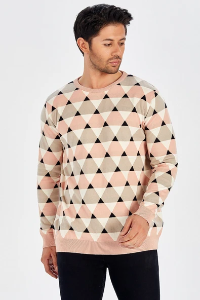 Peraluna Üçgen Desenli İnce Erkek Kazak - KREM_SOMON_SİYAH - Resim 8