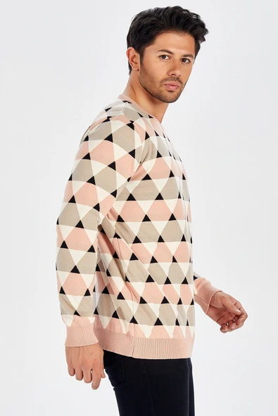 Peraluna Üçgen Desenli İnce Erkek Kazak - KREM_SOMON_SİYAH - Resim 5