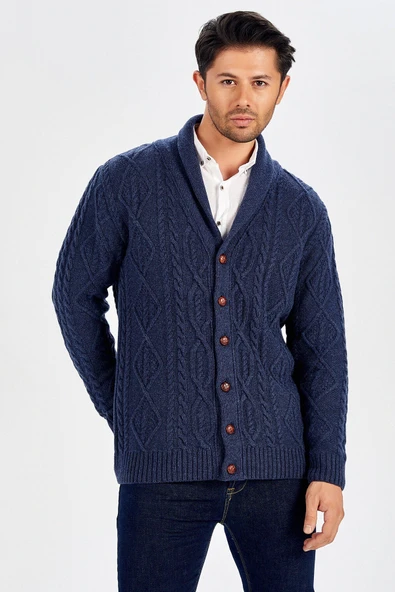 Peraluna Şal Yaka Yünlü Erkek Triko Hırka - Lacivert - 4