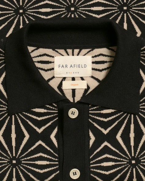 Far Afield ZIGGER CARDIGAN - TENTEO PATTERN Polo Yaka Kısa Kol %100 Organik Pamuk Erkek Triko Hırka - Siyah - Resim 3