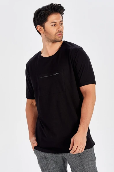 Peraluna Göğüs Fermuarlı Uzun Erkek T-Shirt - Siyah - Resim 2