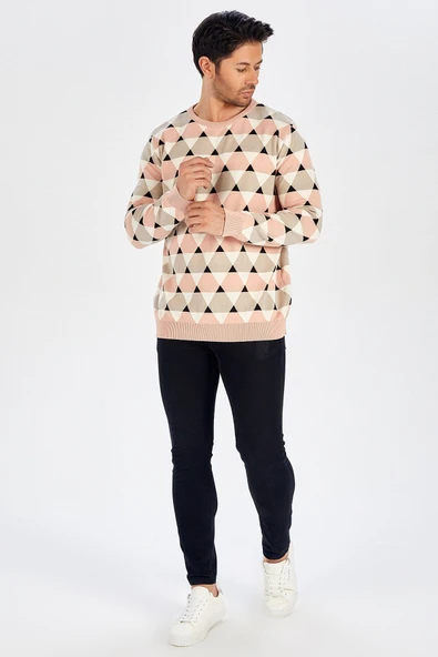 Peraluna Üçgen Desenli İnce Erkek Kazak - KREM_SOMON_SİYAH - Resim 4