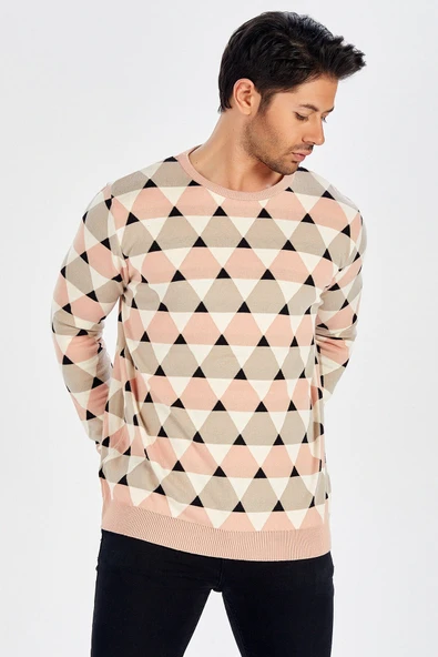 Peraluna Üçgen Desenli İnce Erkek Kazak - KREM_SOMON_SİYAH - Resim 6