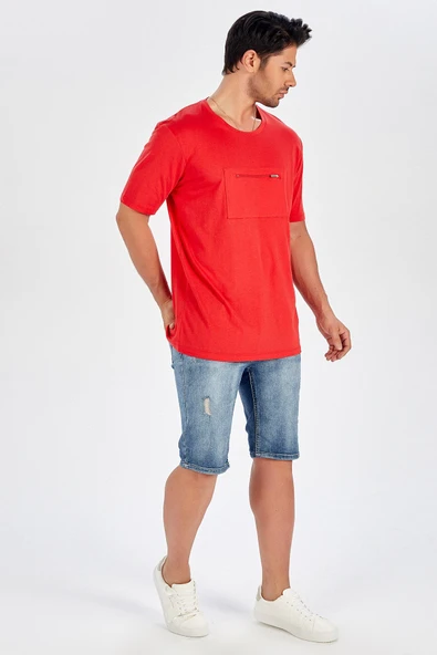 Peraluna Göğüs Fermuarlı Uzun Erkek T-Shirt - Kırmızı