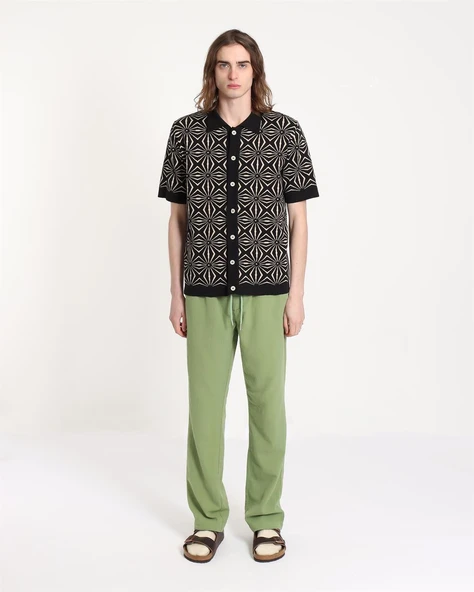 Far Afield ZIGGER CARDIGAN - TENTEO PATTERN Polo Yaka Kısa Kol %100 Organik Pamuk Erkek Triko Hırka - Siyah ürün görseli 1