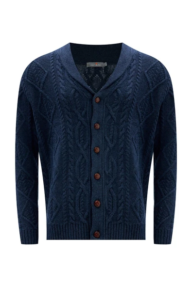 Peraluna Şal Yaka Yünlü Erkek Triko Hırka - Lacivert - 6