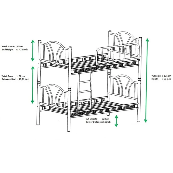 Teknor Bella 90x190 ve 90x200 Yatak Ölçülü Genç Çocuk Odası Metal Ranza - 2