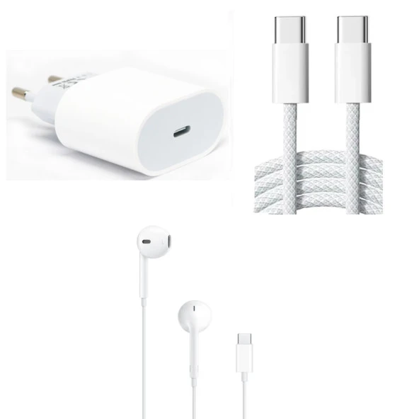 ScHitec 3in1 İphone 15 Uyumlu PD35W Şarj Aleti - 6A 66W Type-C to Type-C Örgülü Kablo - Type-C Earpods Kablolu Kulaklık