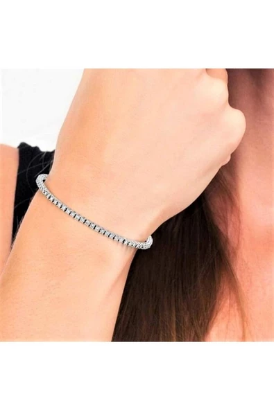 Tam Tur Gümüş 2mm Taşlı Gümüş Renk Esnek Su Yolu Bileklik - 3