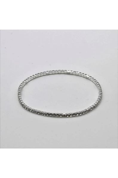 Tam Tur Gümüş 2mm Taşlı Gümüş Renk Esnek Su Yolu Bileklik - 5