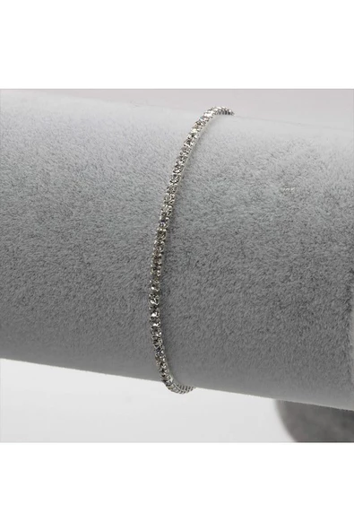 Tam Tur Gümüş 2mm Taşlı Gümüş Renk Esnek Su Yolu Bileklik - 4