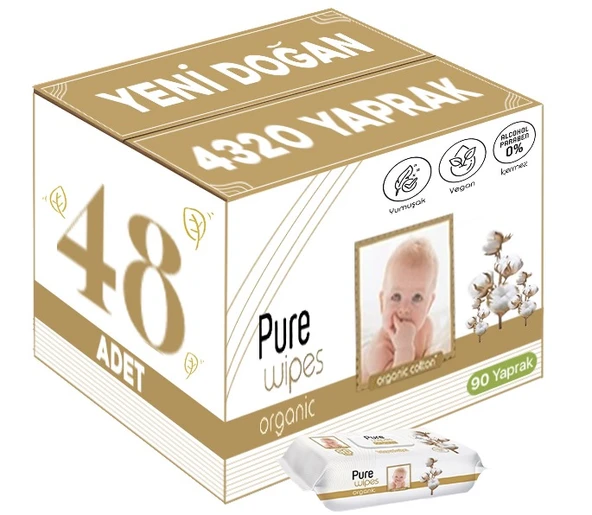 Pure Baby Islak Havlu Mendil 90 Yaprak Yenidoğan Organic Pamuklu (48 Li Set) 4320 Yaprak Plstk Kapak - 1