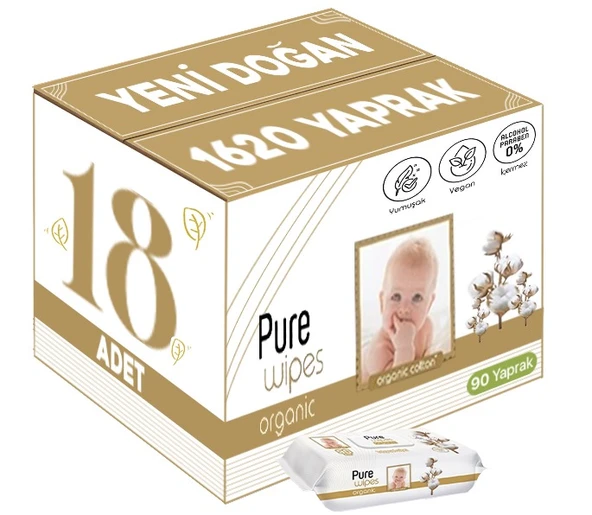 Pure Baby Islak Havlu Mendil 90 Yaprak Yenidoğan Organic Pamuklu (18 Li Set) 1620 Yaprak Plstk Kapak - 1