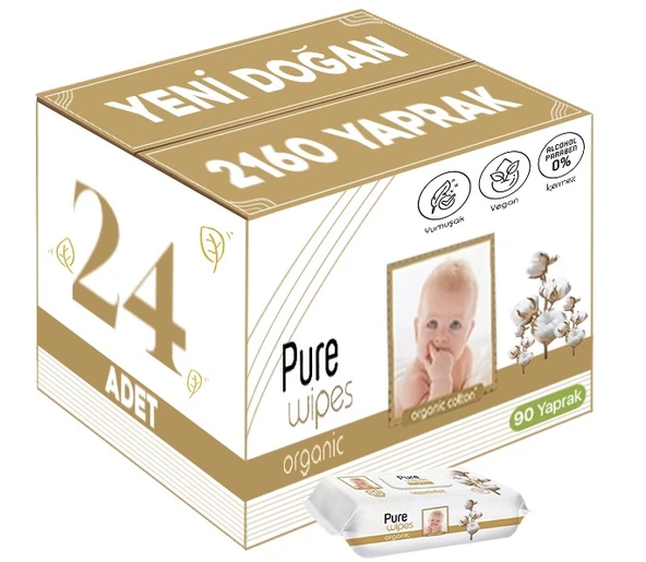 Pure Baby Islak Havlu Mendil 90 Yaprak Yenidoğan Organic Pamuklu (24 Lü Set) 2160 Yaprak Plstk Kapak - 1
