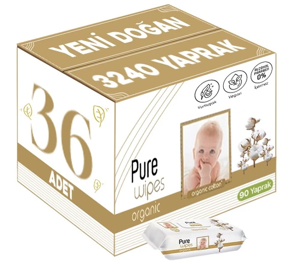 Pure Baby Islak Havlu Mendil 90 Yaprak Yenidoğan Organic Pamuklu (36 Lı Set) 3240 Yaprak Plstk Kapak - 1